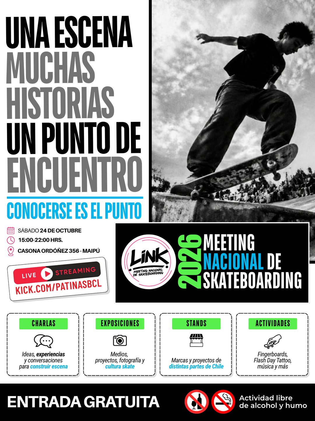Afiche de LINK 2026, Meeting Nacional de Skateboarding, sábado 24 de octubre de 15:00 a 22:00 en Casona Ordóñez 356, Maipú. Entrada gratuita.