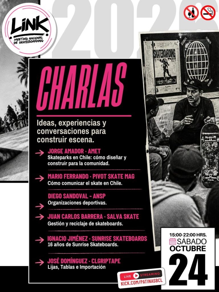 Marcas y media partners que colaboran con LINK 2026, entre ellos ANSP Chile, invitados por Skatehouse.